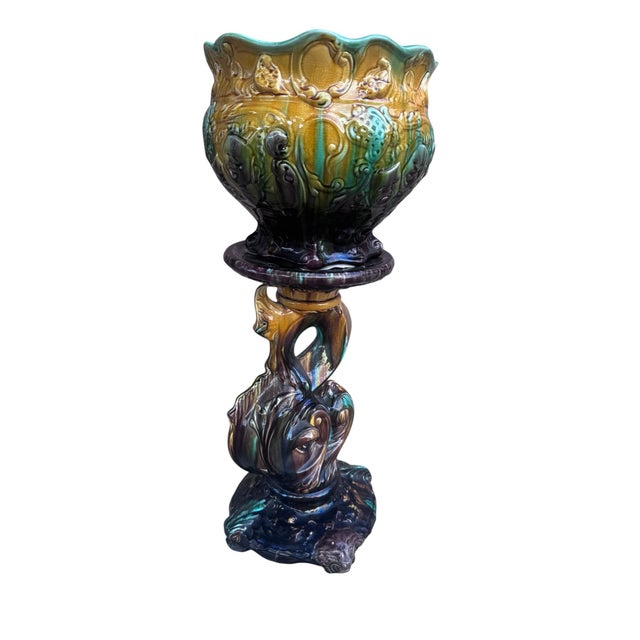 Mid 20th Century Vintage Weller Majolica Pottery Jardiniere & Pedestal Set For Sale - Image 5 of 9