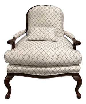 Traditional Carved Wood Armchair in Cream Diamond Upholstery