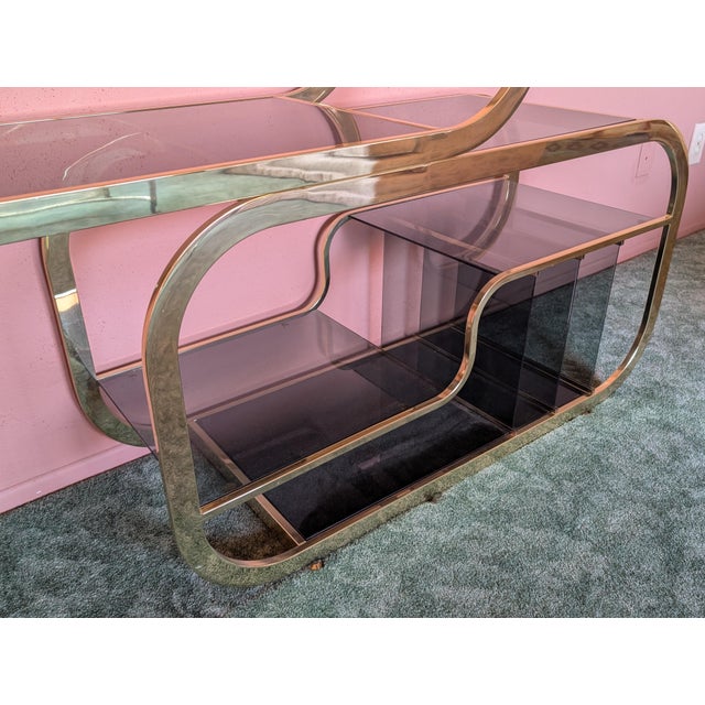 Brass Deco Brass & Smoked Glass Adjustable Display Shelf/Etagere, C1980s For Sale - Image 8 of 10