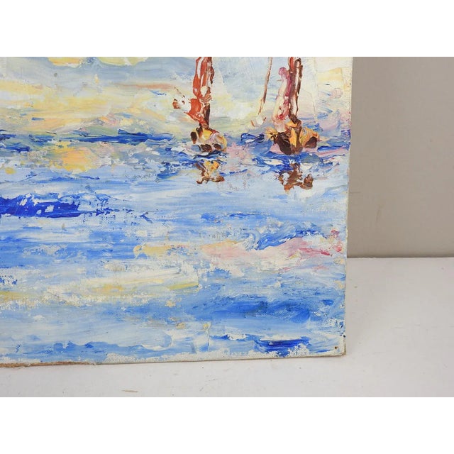 Vintage Mid 20th Century Sailboats in Harbor Modernist Painting For Sale - Image 4 of 8