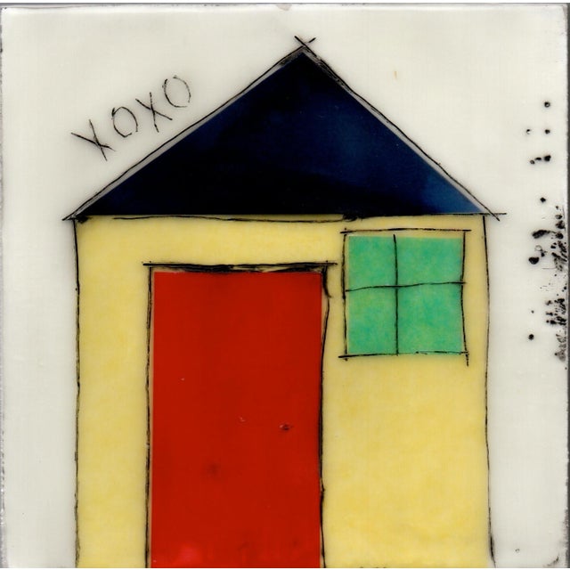 Turquoise Encaustic Collage Installation by Gina Cochran - "Tiny Dwellings" Series - The Whole Village - Set of 8 For Sale - Image 8 of 10