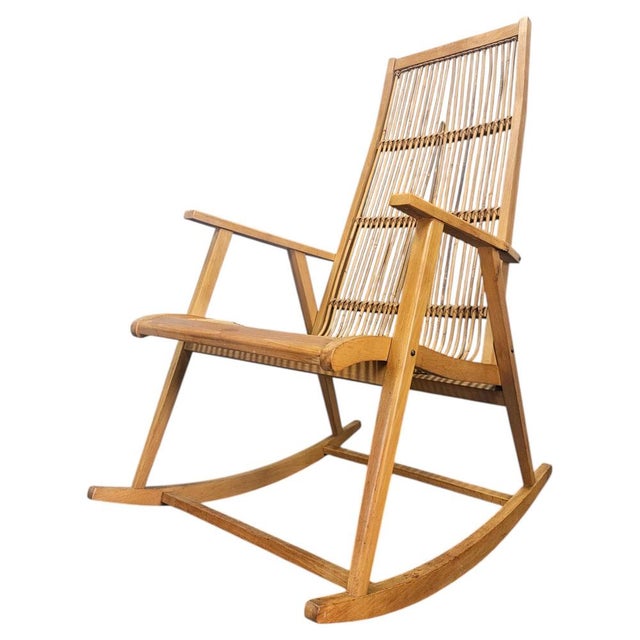 Midcentury Wood and Rattan Rocking Chair, Denmark, 1960s For Sale - Image 12 of 12