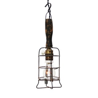 French Work Ceiling Lamp with Wooden Handle and Brass & Iron Cage For Sale