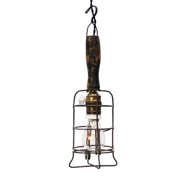 French Work Ceiling Lamp with Wooden Handle and Brass & Iron Cage For Sale