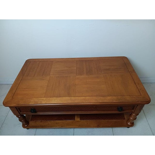 1980s Coffee Table Broyhill Faux Bamboo Wood Medium Tone Drawer Shelf Tropical Style For Sale In Naples, FL - Image 6 of 9