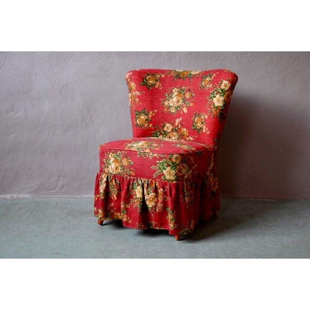 Cocktail Armchair with Red Floral Fabric and Compass Legs For Sale - Image 5 of 14