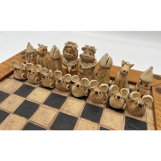 Figural Animal Terracotta Chess Set With Oak-Framed Board For Sale - Image 9 of 18