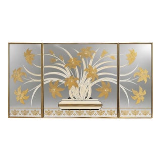Vintage 1980s Etched Floral Triptych Mirror Wall Art in Gold Brass For Sale