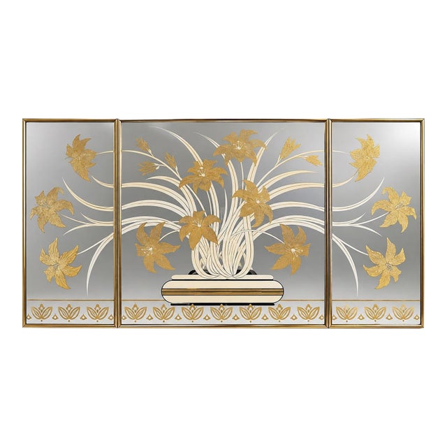 Vintage 1980s Etched Floral Triptych Mirror Wall Art in Gold Brass For Sale