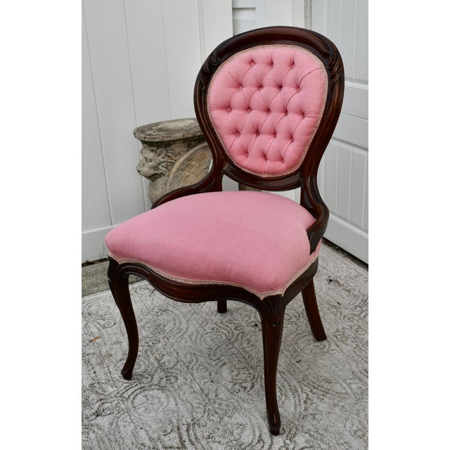 Antique Walnut Parlor Chair Victorian Style Tufted Pink Bedroom Accent Vanity For Sale - Image 9 of 13