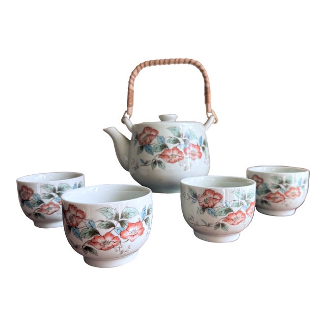 80s Japanese Floral Tea Pot and Cups For Sale