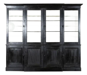 English Monumental Ebonised Glazed Mahogany Breakfront Bookcase, 1880s