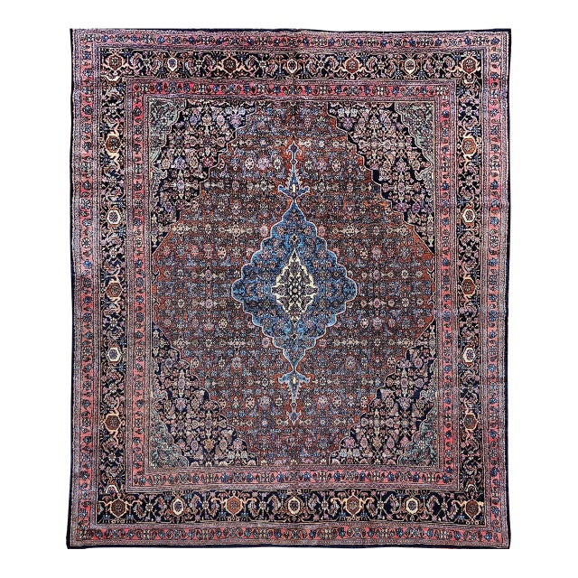 Vintage Persian Bibikabad Rug, Hand-Knotted Wool, Herati Geometric Pattern, Rust Red & Blue, 9x12 For Sale