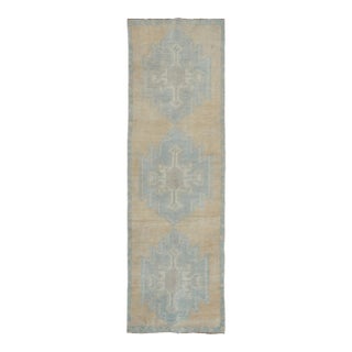 Vintage Turkish Runner With Ice Blue Geometric Medallion Design - Rug & Kilim For Sale