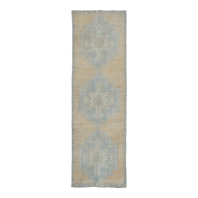 Vintage Turkish Runner With Ice Blue Geometric Medallion Design - Rug & Kilim For Sale