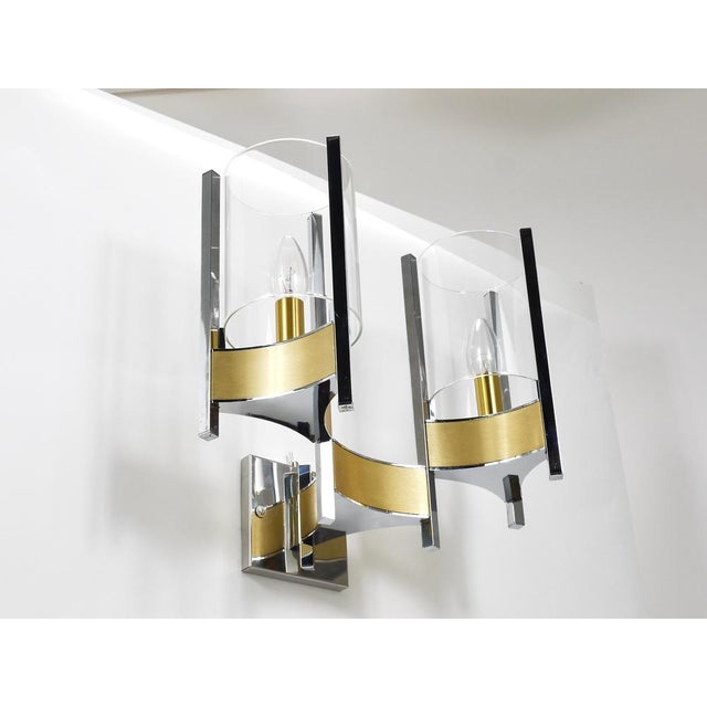 Large Wall Sconces in Chrome, Brass and Glass attributed to Gaetano Sciolari, 1970s, Set of 2 For Sale - Image 8 of 18