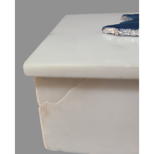 Late 20th Century Vintage White Marble Trinket Jewelry Box Blue Agate Stone Top For Sale - Image 6 of 11