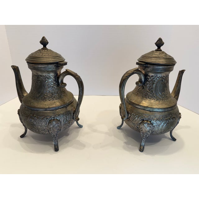 Moroccan Ornate Antique Middle Eastern Silver Plated 4-Piece Tea & Coffee Service Set For Sale - Image 3 of 8