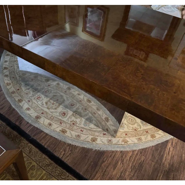 Milo Baughman Olive Burl Extension Dining Table on Chrome Plinth Base, 2 Leaves, 1976 For Sale In Houston - Image 6 of 11