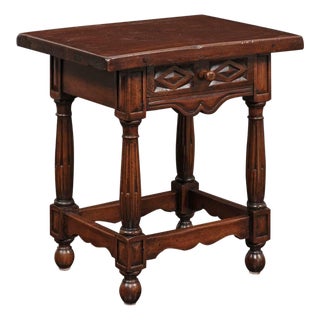 Petite Italian Walnut Side Table with Single Drawer and Fluted Legs, circa 1870 For Sale