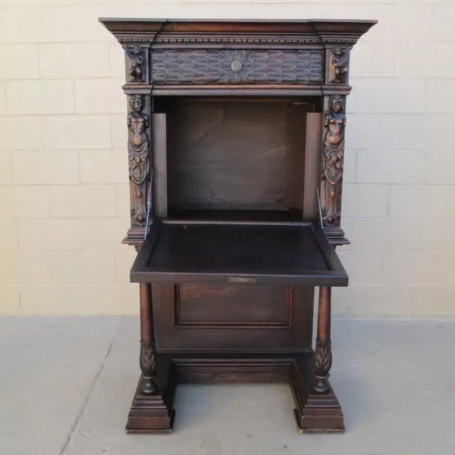 Italian Antique Carved Oak Figural Drop Cabinet C. 1880 For Sale - Image 9 of 9