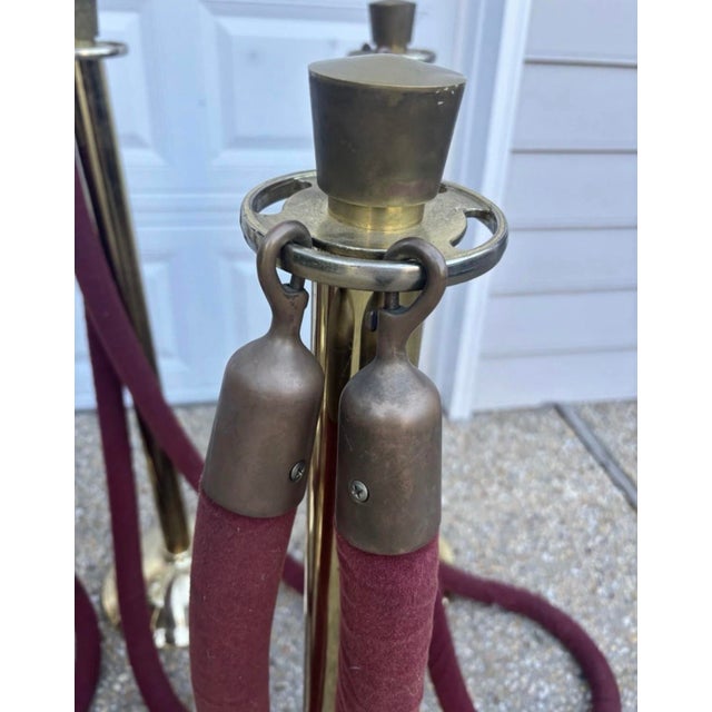 Vintage Mid Century Solid Heavy Brass Glaro Red Velvet Stanchions for Movie Theatre, Security, Set of Eight For Sale - Image 4 of 9