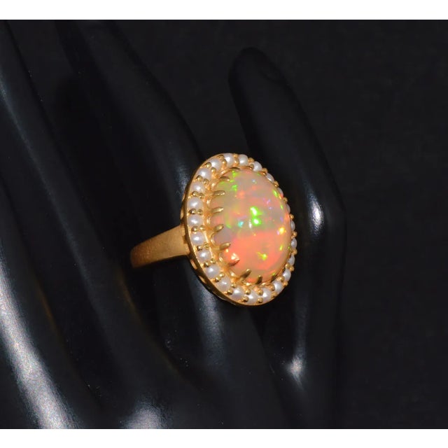 Contemporary Certified Natural 13.78Cts Seed Pearl Opal Cocktail Halo Brushed 18K Solid Gold Ring, size 6.75 For Sale - Image 3 of 10