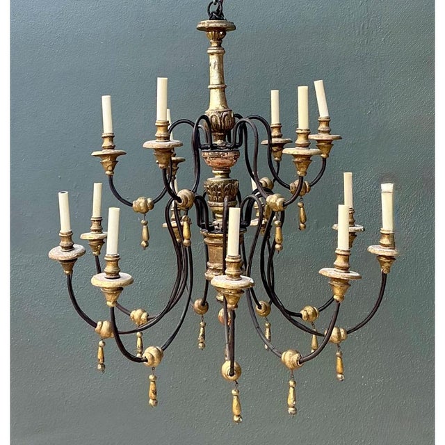 Vintage Gilt Wood and Metal Twelve-Light Chandelier For Sale - Image 4 of 12