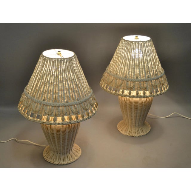 2 Hollywood Regency Vintage White Bleached Handwoven Wicker & Beaded Table Lamp For Sale - Image 11 of 13
