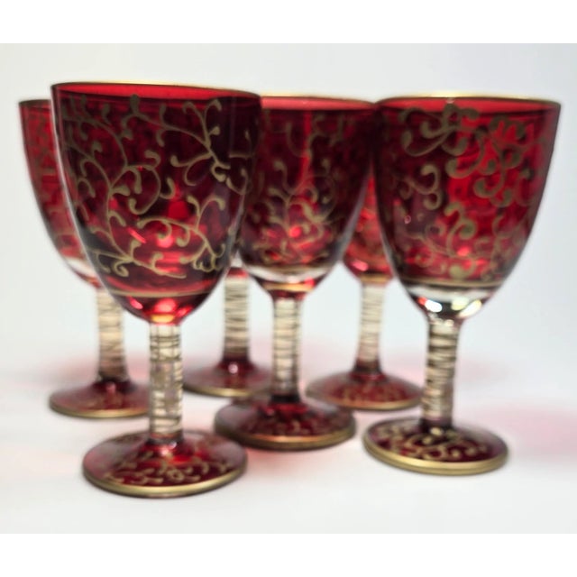 Art Deco Vintage Romanian Ruby & Gold Cordial Goblets- Set of 6 For Sale - Image 3 of 10