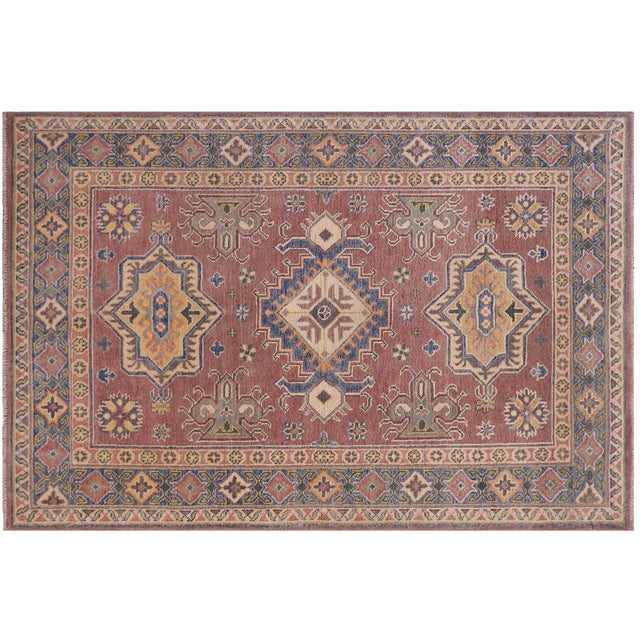 Blue Bohemian Kazak Tribal Light Purpl/Light Blue Wool Rug - 4'0''x5'9'' For Sale - Image 8 of 10