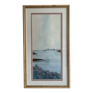 Vintage San Francisco Bay Watercolor Cityscape With Sailboats, 1994 For Sale