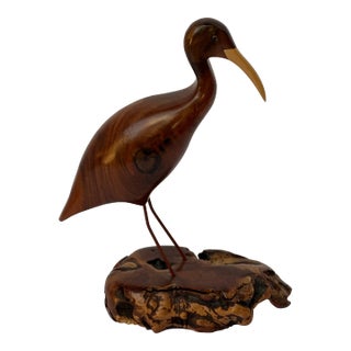 Artist Signed Bruce Stamp Hand Carved Hardwood Shorebird Sculpture on Burl Base For Sale