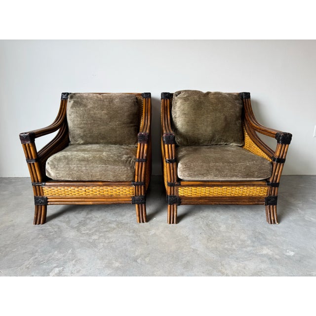 Contemporary SOLDModern Mandalay Coastal Organic Rattan and Leather Lounge Chairs With Ottoman – Set of 3 For Sale - Image 3 of 12