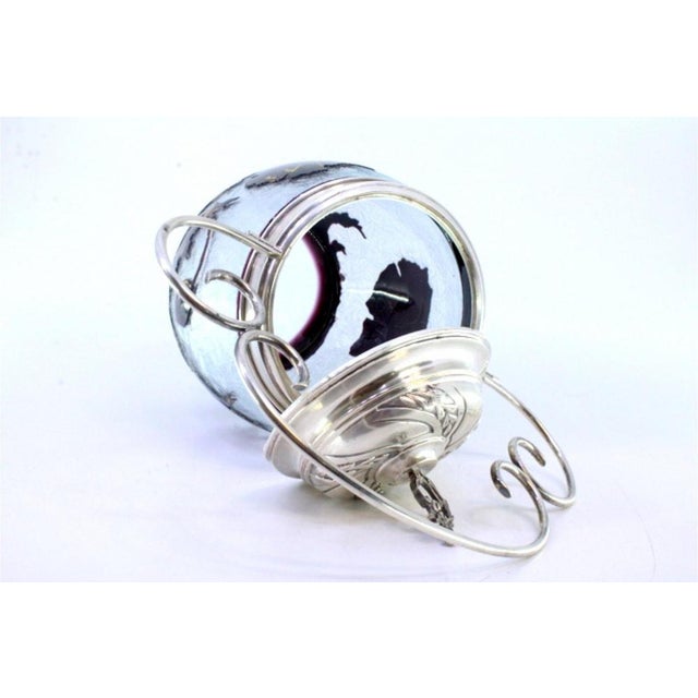 Glass Candy Box with Embossed Engravings, Silver Applications and Lid with Hollow Knob and Hinged Handle For Sale - Image 3 of 8