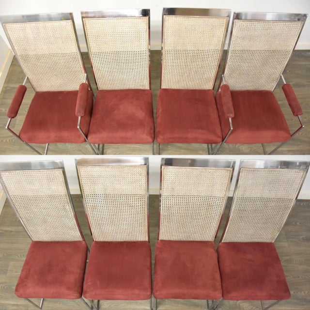 A set of eight mid century modern chrome dining chairs with white washed cane backs designed by Milo Baughman for Thayer...