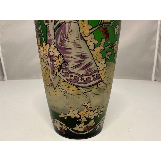 Art Nouveau Art Nouveau Enamel Art Glass Vase: Maiden in Vineyard For Sale - Image 3 of 10