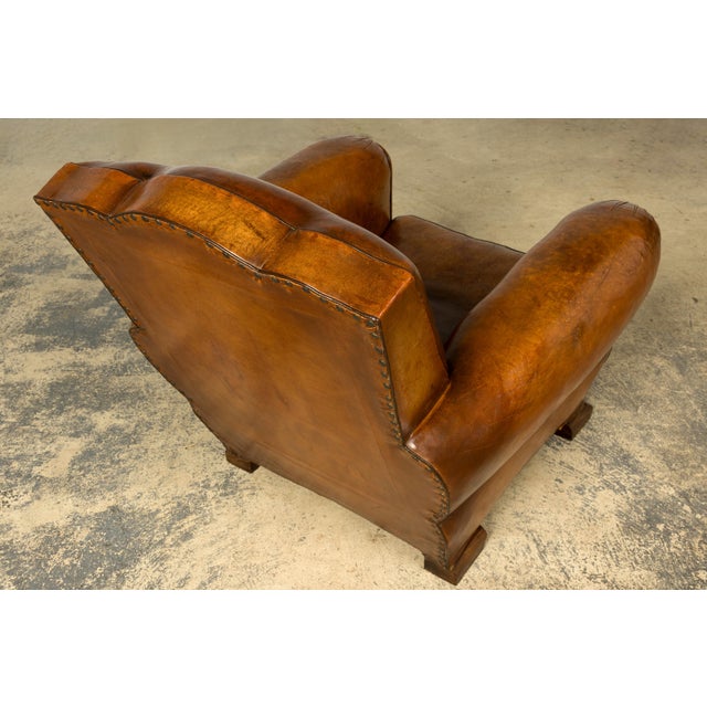 1920s French Art Deco Scalloped Back Cognac Leather Club Chairs – A Pair For Sale - Image 16 of 18
