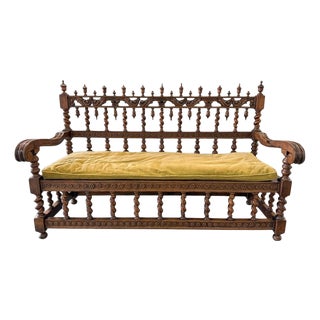 Renaissance Revival Walnut Spindle-Back Settee With Velvet Cushion, 19th Century For Sale
