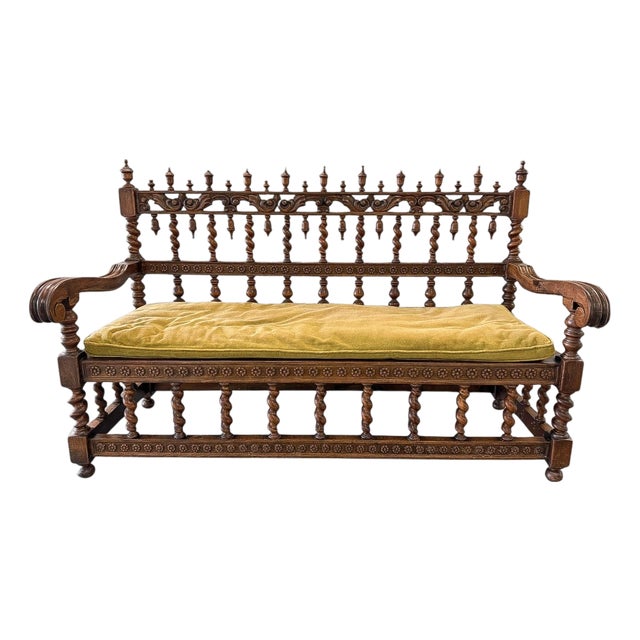 Renaissance Revival Walnut Spindle-Back Settee With Velvet Cushion, 19th Century For Sale