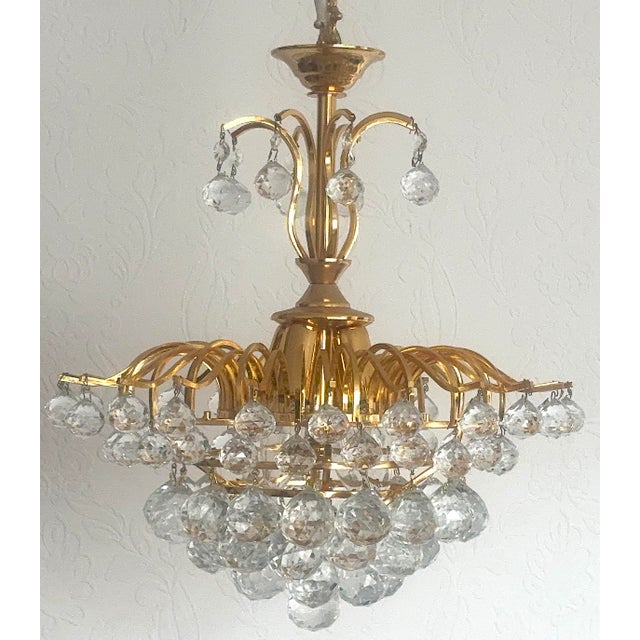 Metal Brass and Crystal Ball 4-Light Chandelier, 1980s For Sale - Image 7 of 15