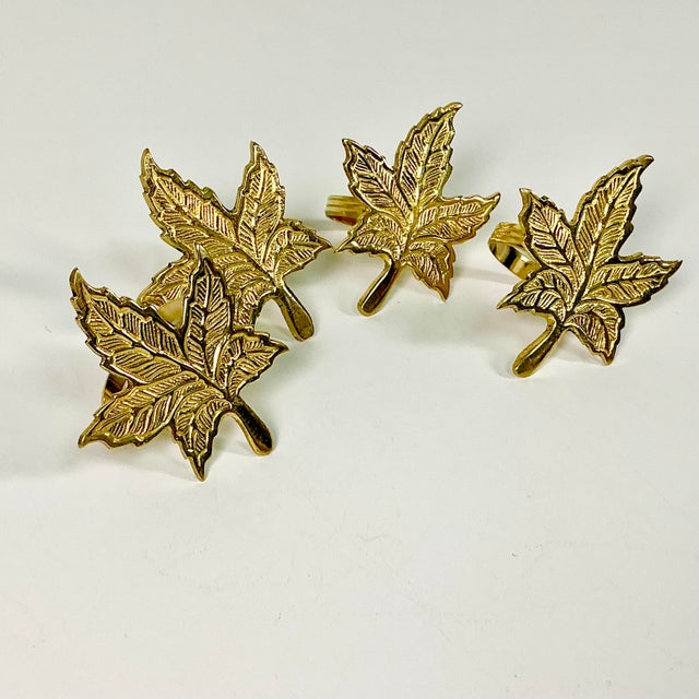 1980s Vintage Boho Chic Adirondack Arts & Crafts Rustic Brass Maple Leaf Napkin Rings - Set of 4 For Sale - Image 6 of 16