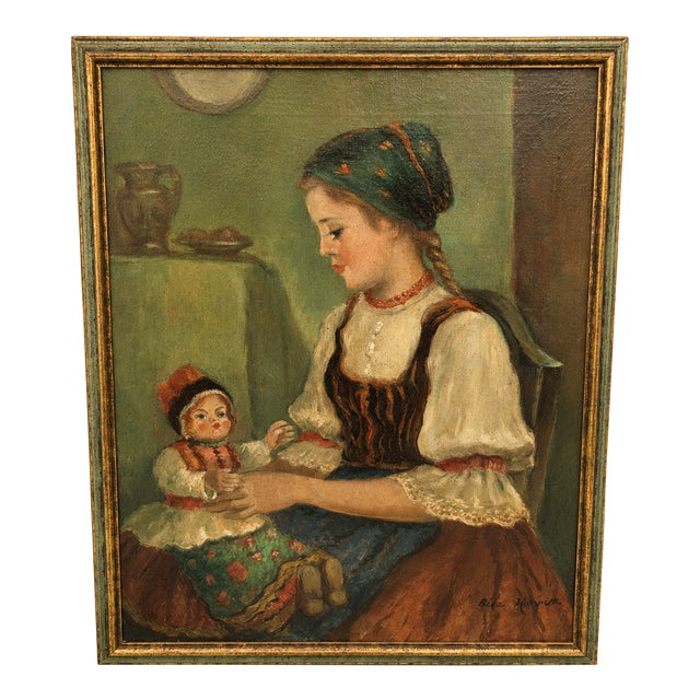 Mid-Century Bela Horvath (b.1888-1973) "Young Girl With Her Doll" Oil on Canvas Painting For Sale