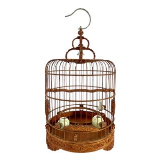 1980's Vintage Intricately Hand Made Bamboo Bird Cage With Celadon Feeders and Dragons For Sale