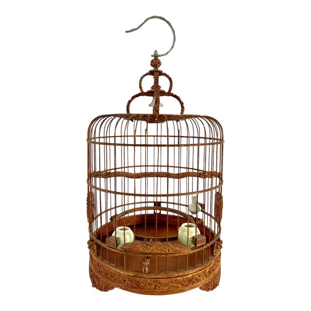 1980's Vintage Intricately Hand Made Bamboo Bird Cage With Celadon Feeders and Dragons For Sale