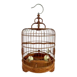 1980's Vintage Intricately Hand Made Bamboo Bird Cage With Celadon Feeders and Dragons