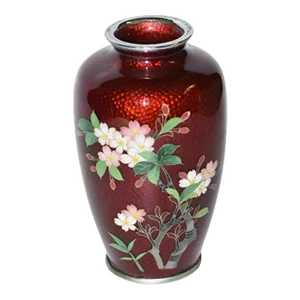 Mid 20th Century Signed Ando Jubei Ginbari Red Japanese Cloisonne Vase Cherry Blossoms