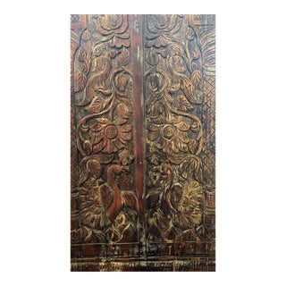 Antique Tree of Life Carved Wood Barn Door Panel – Rustic Peacock & Floral Motif For Sale