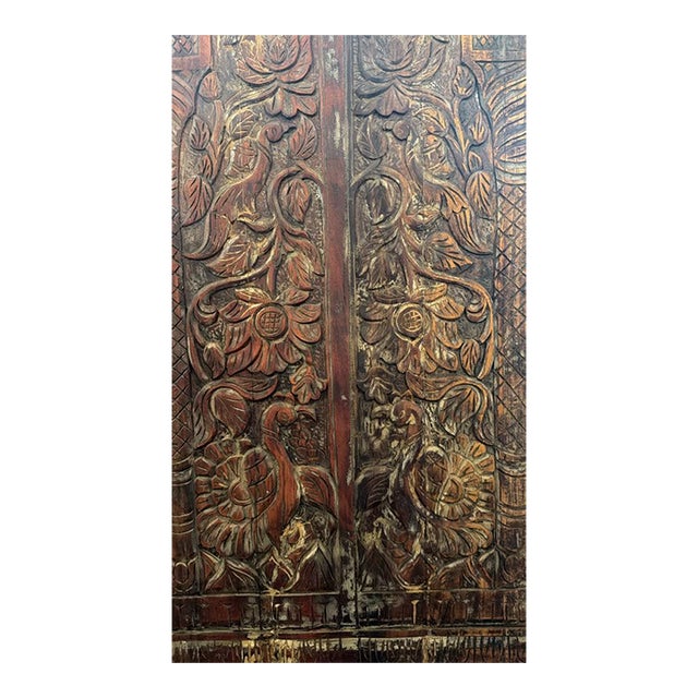 Antique Tree of Life Carved Wood Barn Door Panel – Rustic Peacock & Floral Motif For Sale