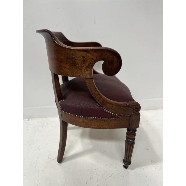 Empire style mahogany and veneer office chair Gondola design Rounded back with armrests Faux leather seat Good overall...